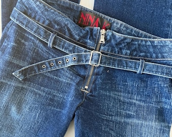 Y2K Nina K Low Rise Belted Bootcut Jeans Size 29 Dark Wash Stretch Denim