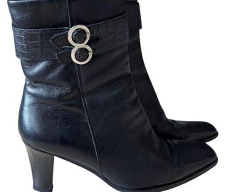 Pollini Italian Black Leather Ankle Boots Square Toe 90s Y2K Designer Size 37