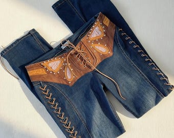 Vintage Y2K Lace Up Flare Jeans, Corset Waist Studded Denim Pants