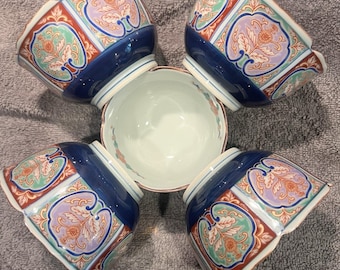 5 Japanese Arita Kutani Scalloped Porcelain Bowl – Enamel Floral Blue