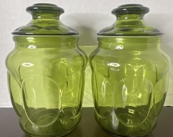 2 Vintage MCM Green L.E. Smith Bubble Glass Canister with Lid 7” Apothecary Jar