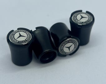 Set of 4 Mercedes-Benz Black Aluminum with White Logo, anti-dust valve, wheel tire cap