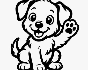 May include: A black and white cartoon illustration of a happy puppy with a big smile, sitting and waving with its paw.