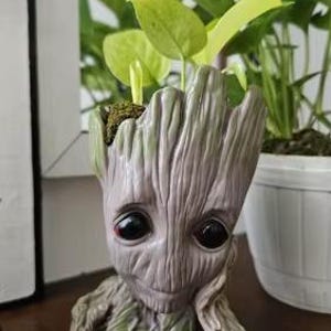 May include: A grey and green ceramic planter shaped like the character Groot from the Guardians of the Galaxy film. The planter is sitting on a wooden surface and has a plant growing out of the top.