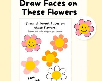 Draw faces on these flowers, printable kids activity, Fun mindfulness drawing prompt, Preschool & Homeschool worksheet