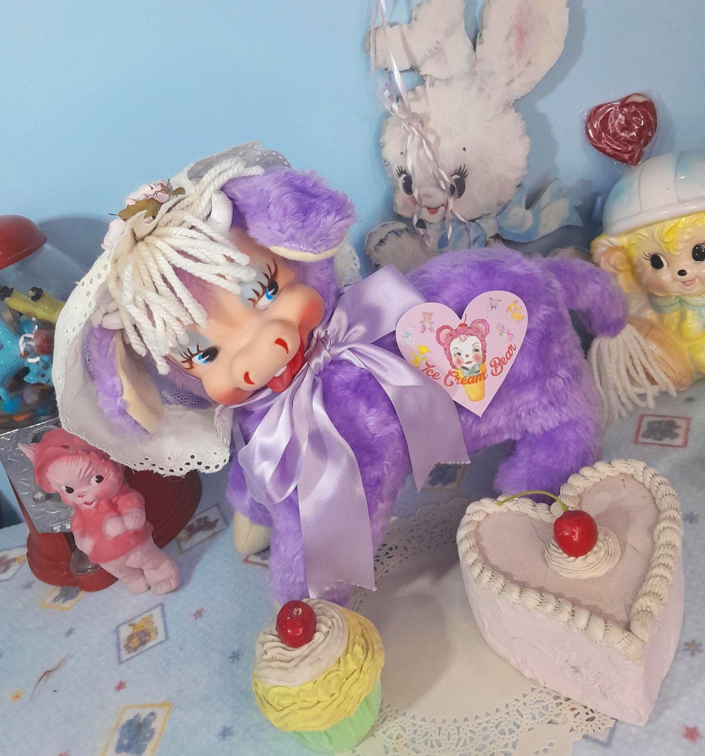 Handmade rubber face plush purple daisy bell cow (vintage Rushton style)