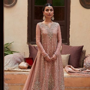 Embroidered Chiffon Pakistani Dress: Pink Sharara Kameez, Net Dupatta