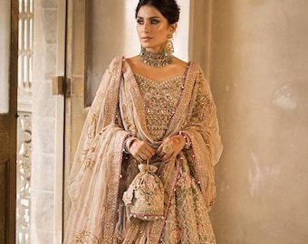 Embroidered Organza Pakistani Wedding Dress, Fawn Gold Pishwas,