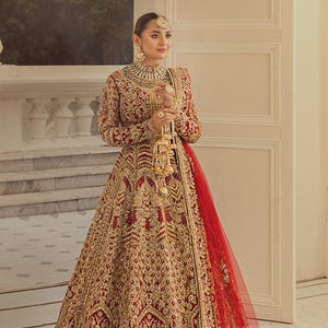 Ruby Red Raw Silk Lehenga Choli: Pakistani Bridal Dress