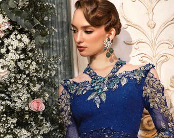 Embroidered Blue Grey Chiffon Saree, Pakistani Indian Bridal Party Wear