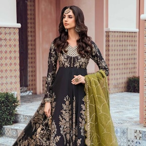 Embroidered Black Gold Pakistani Frock: Cotton Satin Party Dress