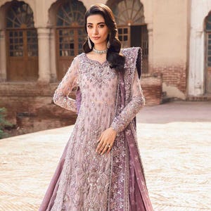 Lilac Organza Pakistani Dress: Pearl & Sequin Lehenga, Custom Made