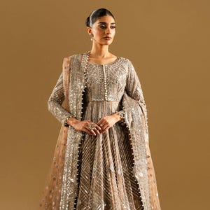 Hand Embroidered Pakistani Maxi Dress: Ancient Scroll Net, Sequin Detailing