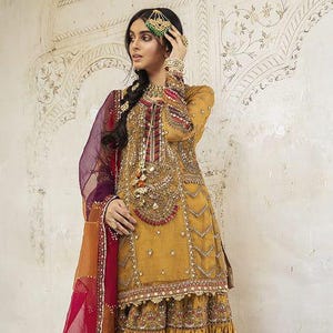 Pakistani Gharara Dress: Mustard Yellow Organza Kurti, Banarsi Jamawar
