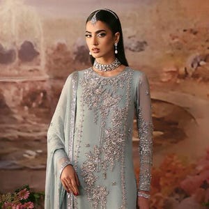 Powder Blue Pakistani Dress: Chiffon Shalwar Kameez with Silver Handwork