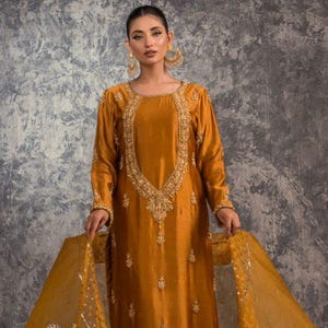 Mustard Silk Pakistani Dress: Gold Embellished Party Wear