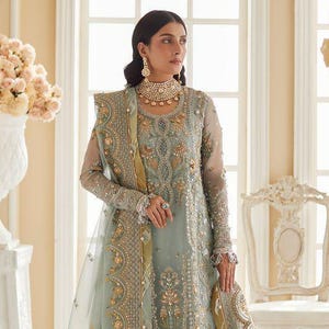 Ice Blue Organza Pakistani Bridal Dress: Embroidered Party Outfit