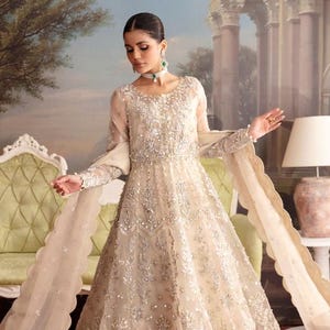 Embroidered & Sequined Pakistani Dress: Organza Kalidaar, Mehndi, Nikah