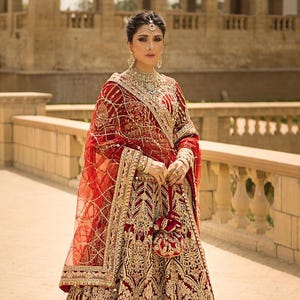 Embroidered Red & Gold Pakistani Dress: Mehndi, Nikah, Barat