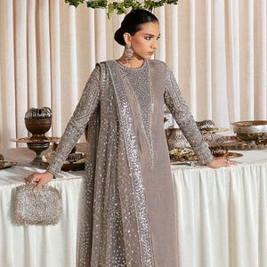 Embellished Grey Raw Silk Pakistani Dress: Silver Detailing, Net Dupatta