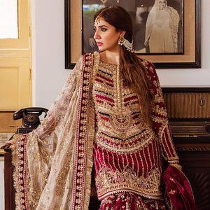 Burgundy Silk Gharara Set: Pakistani Bridal Dress, Hand-Embellished