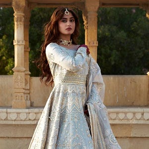 Ice Blue Pakistani Dress: Embroidered Silk Gown, Party Wear