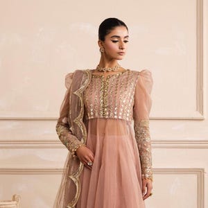 Embroidered Organza Pakistani Dress: Peach Beige Sharara, Mehndi, Eid