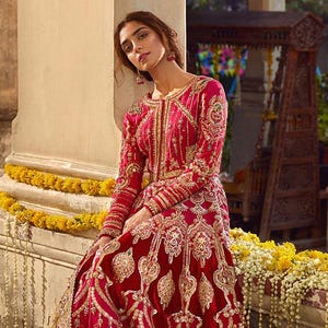 Rose Red Bridal Pishwas Dress: Pakistani Designer Embroidery