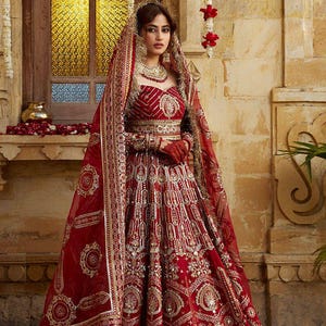 Red Embroidered Lehnga Choli: Pakistani Indian Party Dress