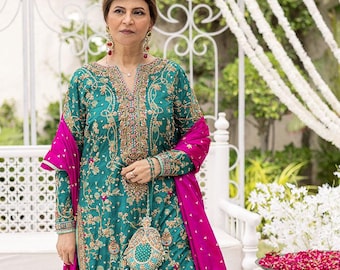 Handmade Pakistani Wedding Dress, Emerald Green Jamawar, Silk Dupatta, Party Wear