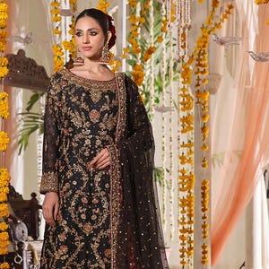 Handmade Raw Silk Pakistani Dress: Embroidered Pearls & Net Dupatta