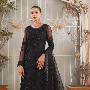 Black Organza Pakistani Salwar Kameez: Embroidered Party Dress