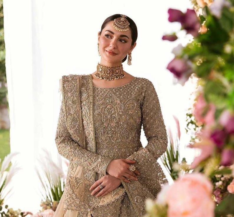 Embellished Gold Bridal Dress, Pakistani Wedding Barat Dress,