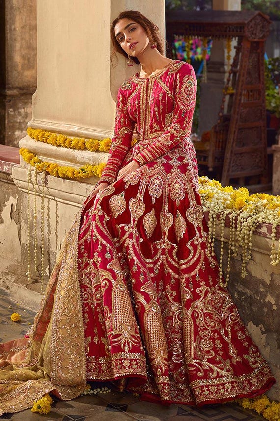 pishwas dress designs pakistani Buy Rose Red Bridal Dress, Designer Embroidery, Online in India Vintage Lace Long Sleeve kurti set for girls This ensemble is ideal Color:Caramel/Silver