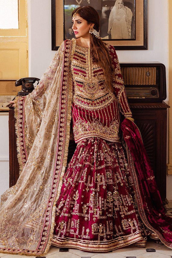 burgundy velvet dress for wedding Pakistani Bridal Walima Dress in Gown and Dupatta Style – UY Collection main image 0