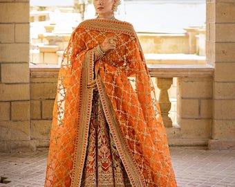 Orange Wedding Festive Dress Heavy Embroidered Lehenga Bridal Wear Nikah Outfit Custom Bridal
