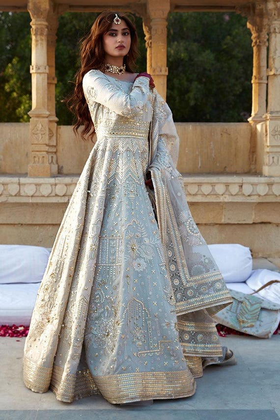Buy Ice Blue Pakistani Dress, Embroidered Silk Gown, Party Wear, Wedding  Guest Outfit, Bridal Clothes, Online in India - Etsy
