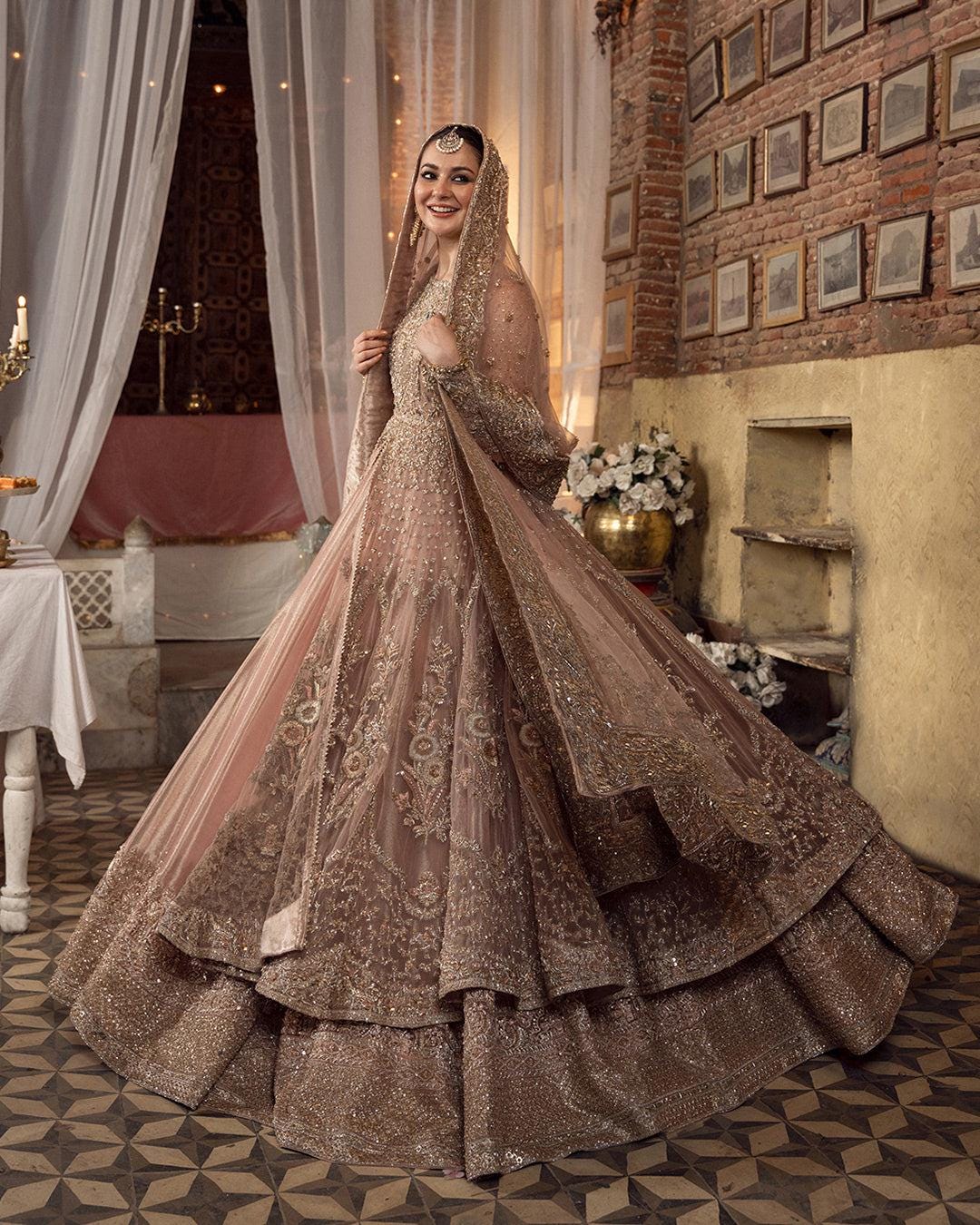 Hand Embellished Peach Pink Bridal Dress, Pakistani Indian Walima