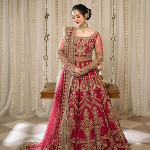 Red Pakistani Dress, Zardosi Embroidery, Mughal Design, Bridal dress