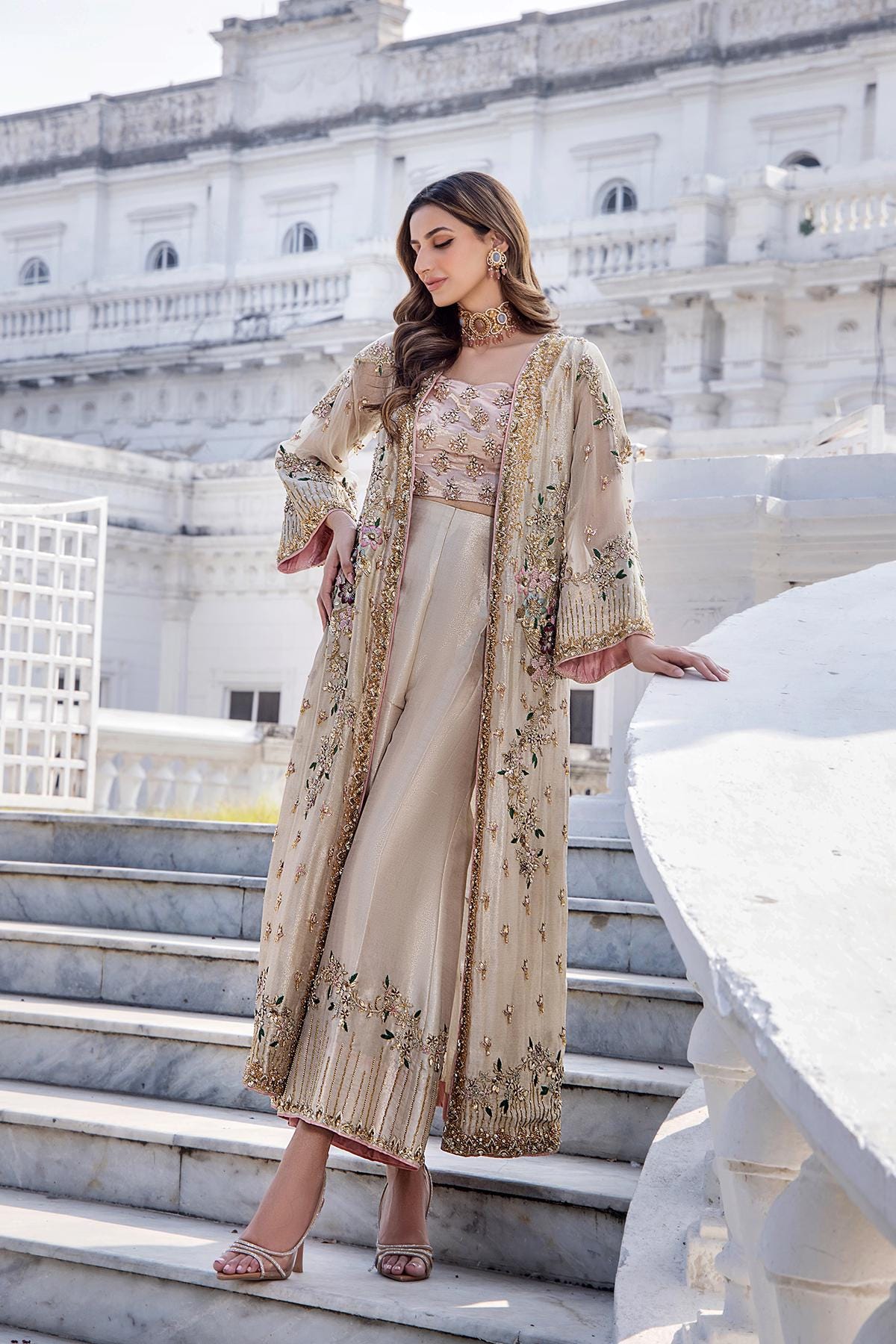 Gold Pakistani Dress, Champagne Gown, Flared Trousers, Party Wear, Guest Suit, Long Open Shirt,