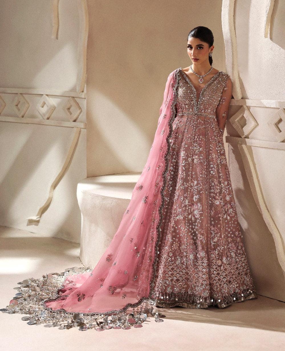 dusty pink indian dress DUSTY peach pink long maxi, Pakistani designer, Indian outfit, Luxury , formal organza dress,