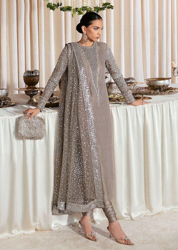 raw silk dresses pakistani Embellished Grey Raw Silk Pakistani Dress: Silver Detailing, Net Dupatta