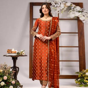 Hand-Embellished Katan Silk Pakistani Dress: Mehndi, Nikah, Barat