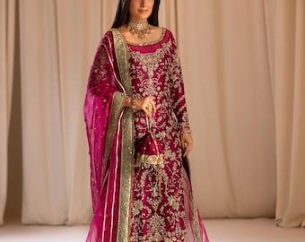 Handgjord Sheesha Silk Pakistani Klänning: Broderad Sharara, Organza Dupatta