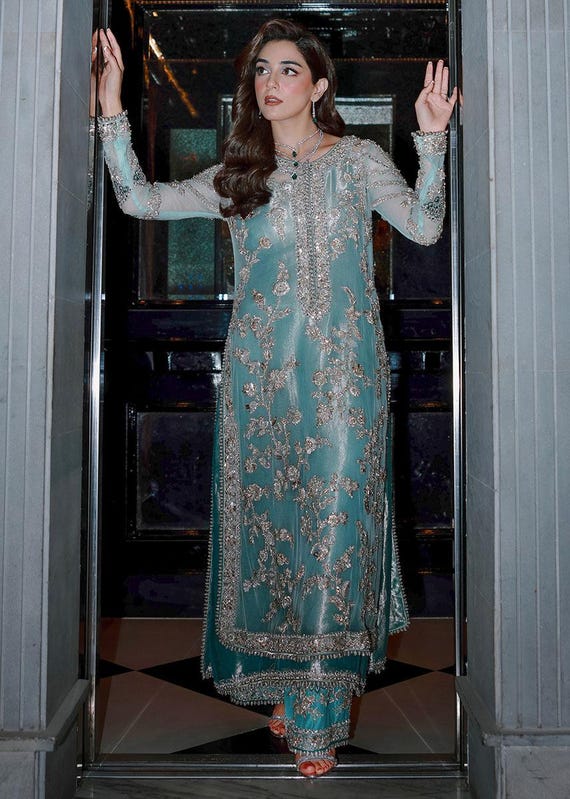 aqua blue dress for wedding pakistani N252-002-3CX – Stitched Aqua Formal Suit with Raw Silk Trousers