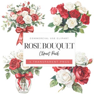 Clipart di rose rosse e bianche per la festa della mamma / 4 bouquet floreali ad alta risoluzione / Download immediato in PNG / Fiori acquerellati per biglietti e lavoretti