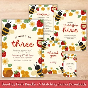 Paquete de fiesta "Berry Sweet Bee" - Plantillas editables de Canva para cumpleaños de niña / Tema de abeja y fresa / 5 descargas imprimibles
