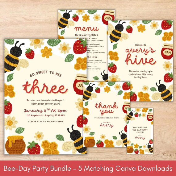 Berry Sweet Bee-Day Party Bundle - Editable Canva Templates for Girl Birthday | Bee and Strawberry Theme | 5 Printable Downloads