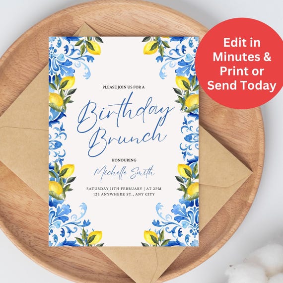 Amalfi Lemon Birthday Brunch Invitation Template | Chinoiserie Blue Summer Party Invite | Editable Canva Download | Printable Citrus Design