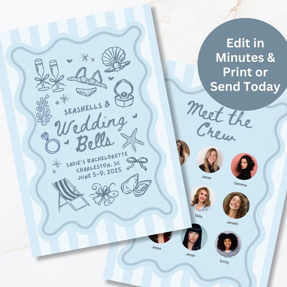 Seashells and Wedding Bells Weekend Itinerary • Beach Bachelorette Itinerary Canva Template • Coastal Trip Printable • Editable 5x7 Schedule